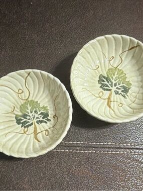 Vintage Ceramic Leaf Accent Sauce Bowls - Cream and Green